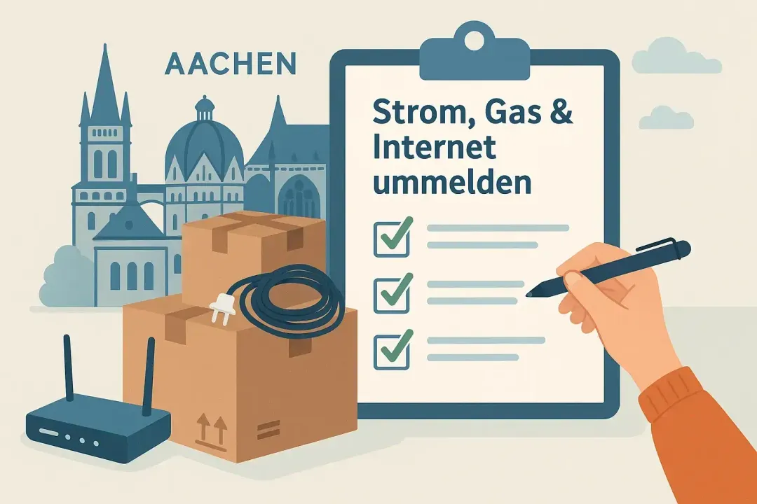 Smartphone, Internetrouter und Unterlagen für die Ummeldung beim Umzug
