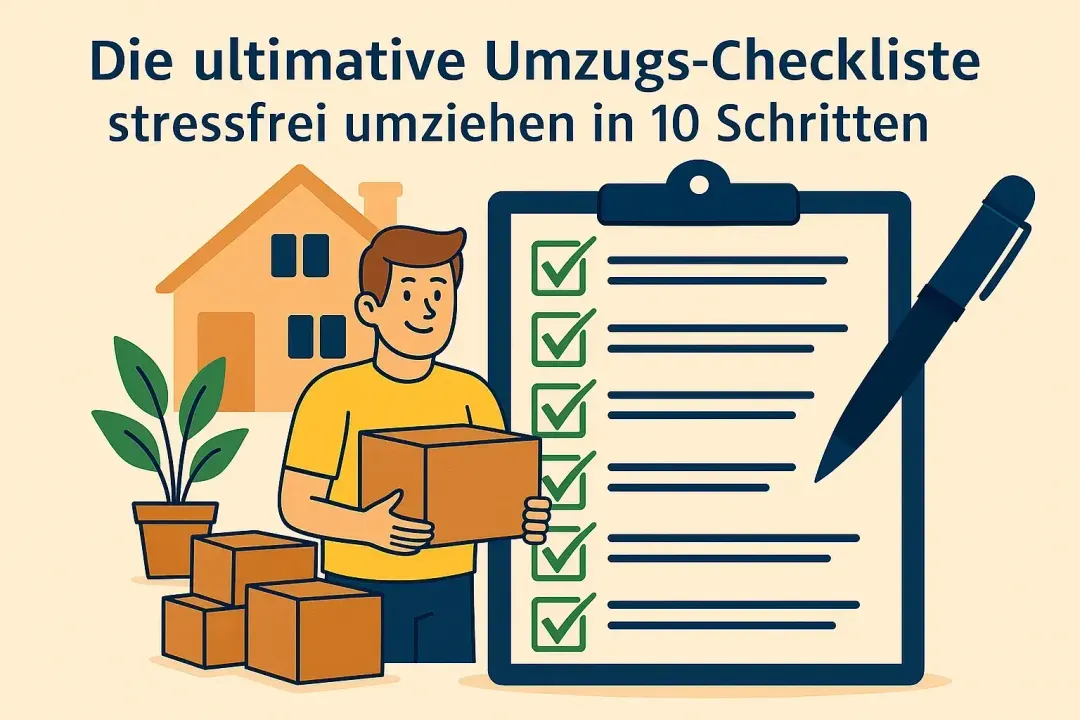 Umzugscheckliste mit Kartons und gepacktem Hausrat